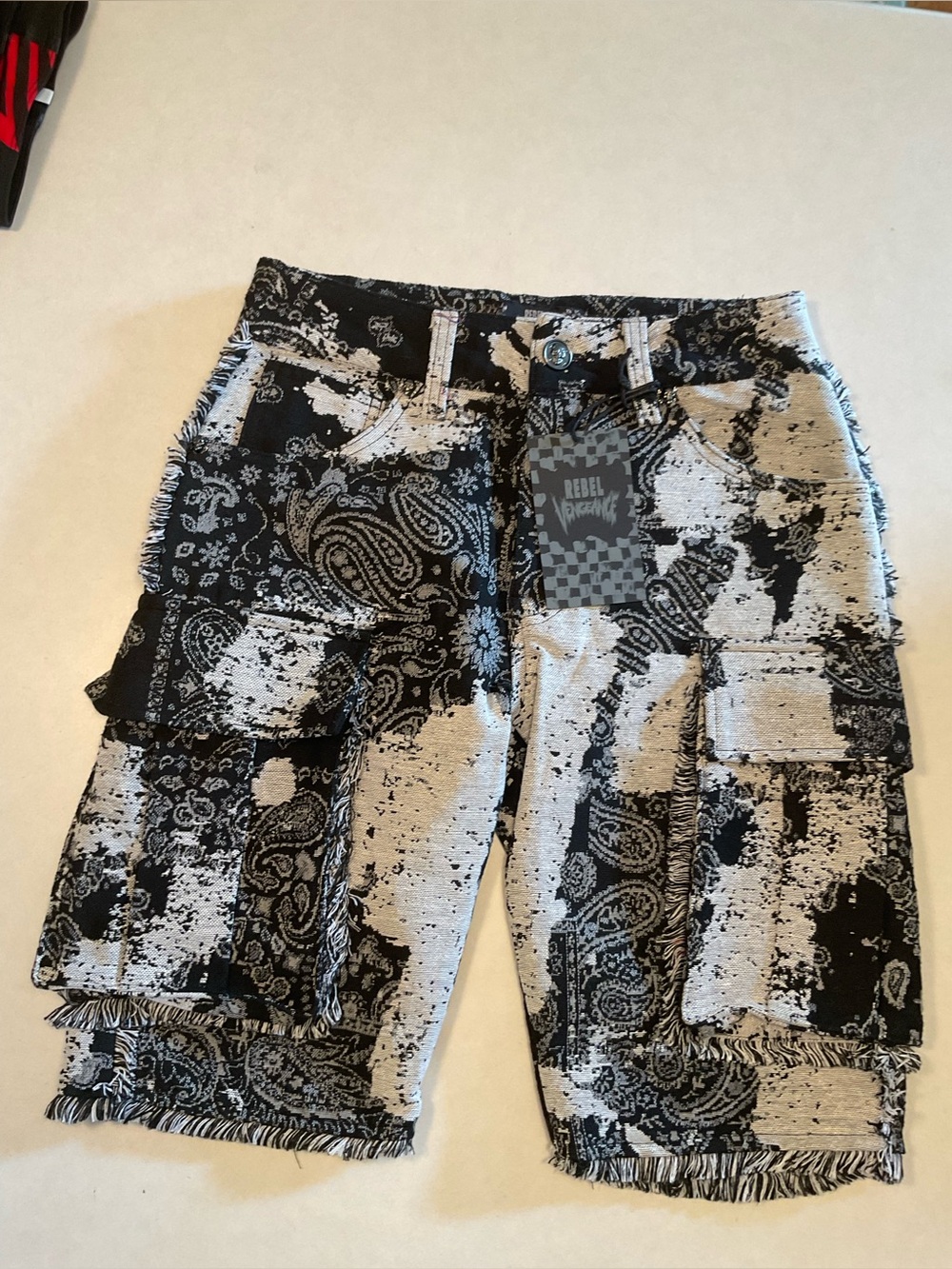 Rebel Vengeance tapestry cargo shorts
